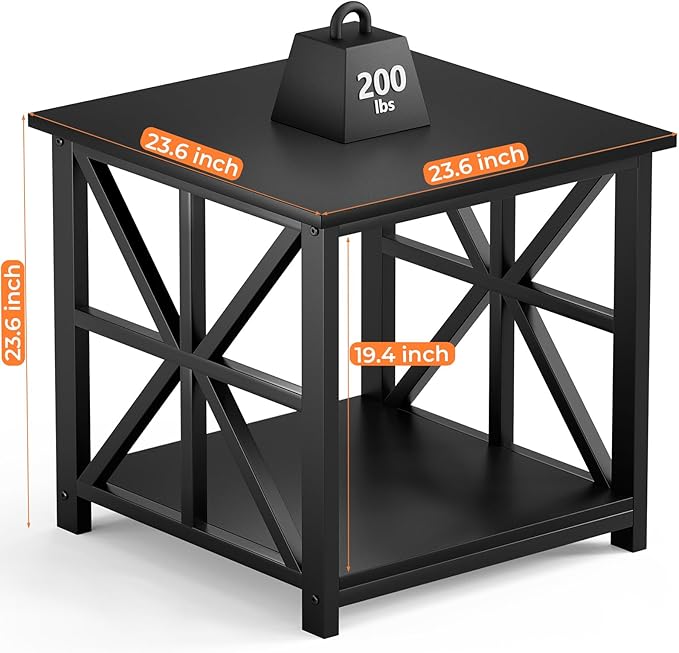 GreenForest End Table with 2-Tier Storage Shelf, 24 inch Large Side Table for Living Room, Modern Nightstand for Bedroom Bedside Office Farmhouse, Black