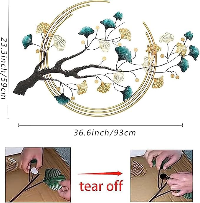 Futyli Large Metal Art Wall Decor - 3D Ginkgo Leaf Wall Art, 36.6" Vertical, Unique Gold for Bedroom & Dining Room Decoration