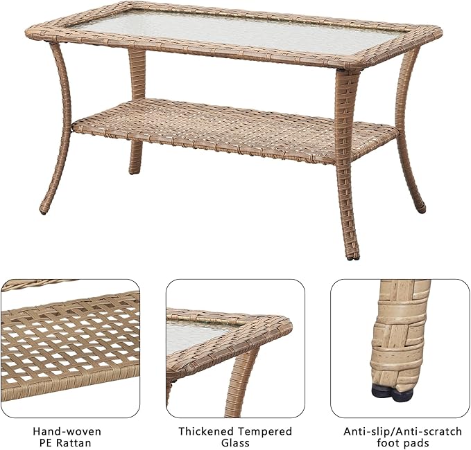 Rilyson Patio Tables Outdoor Coffee Table - Wicker Rattan Coffee Tables with 2-Tier Storage Shelf Glass Top for Outside Proch Deck Balcony Garden Rectangle Yellow