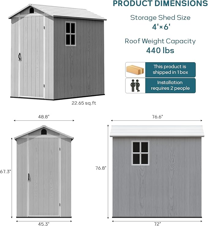 Greesum 4x6FT Plastic Storage Shed with Floor, Resin Outdoor Storaged Sheds with Lockable Door, All Weather Durable Tool Shed with Window and Vent, for Garden, Backyard, Patio, Light Gray
