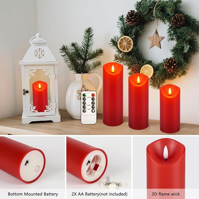24-Pack Red Flameless LED Candles with Remote - Realistic Flickering Battery - Operated Pillar Candles for Christmas, Home Decor, Weddings, Parties.