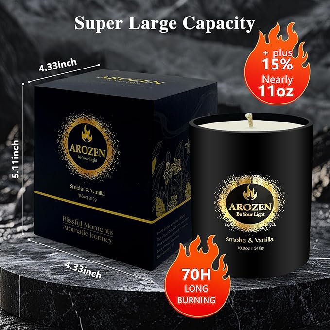 Premium Smoke & Vanilla Candles | Black Christmas Scented Candles for Men, Candle for Home Scented | 70-Hour Long Lasting Soy Holiday Candle for Him, 10.8oz, Aromatherapy at Home, Gifts for Men
