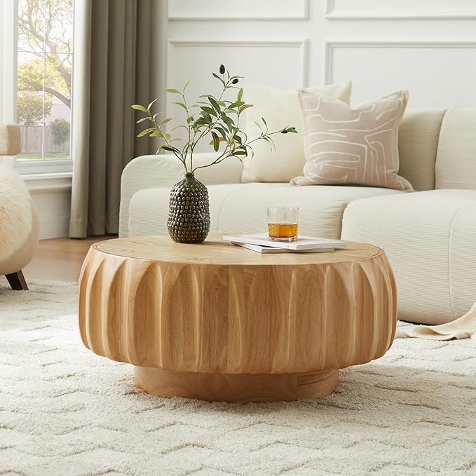 LKTART 31.5" Round Coffee Table Drum Table Contemporary Wood Fluted Centry Table with Solid Wood Veneer for Living Room (Natural)