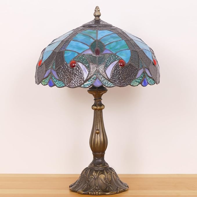 Tiffany Lamp Stained Glass Table Lamp Antique Bedside Reading Light W12H19 Inches (Green Liaison)