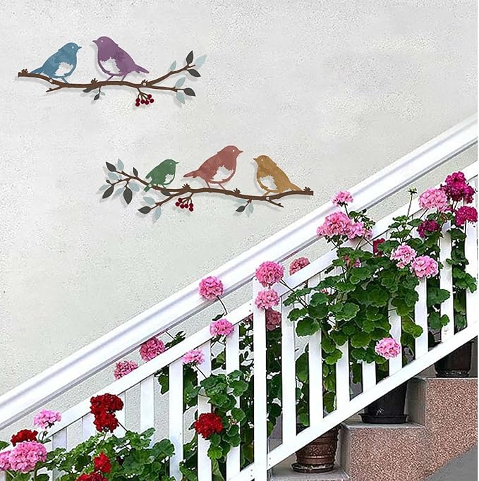 Harikikochuu 2 Pcs Metal Birds Wall Art Decor Robin Bird on the Branch Silhouette Art Metal Decorative Birds Hanging Wall Sculpture for Outdoor Balcony Garden Porch Décor(Colorful)