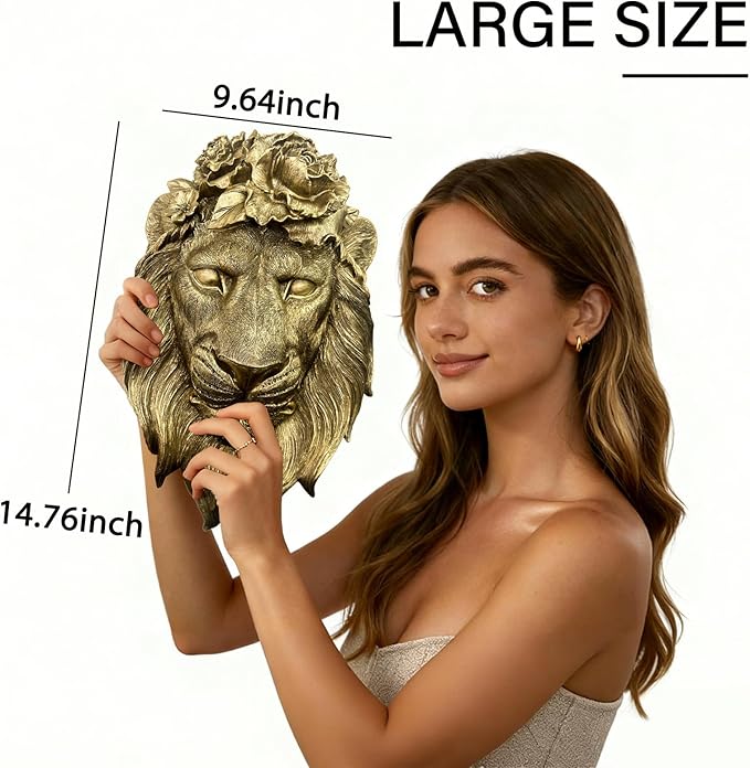 GUSFREUD Gold Lion Animal Head Wall Decor – Resin Lion Wall Sculpture, Vintage Gold Wall Art for Living Room, Bedroom, Office, Maximalist Home Decor