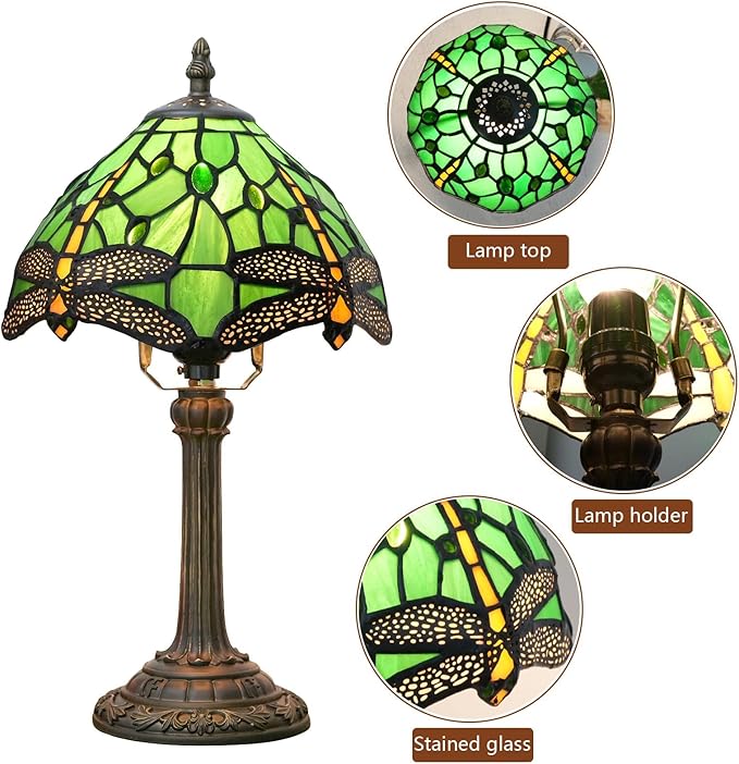 Tiffany Lamp Green Dragonfly Stained Glass Table Lamp 8X8X14 Inches Green Dragonfly Style Desk Reading Light Decor Beside Bedroom Living Room Home (H1057-Green Dragonfly)