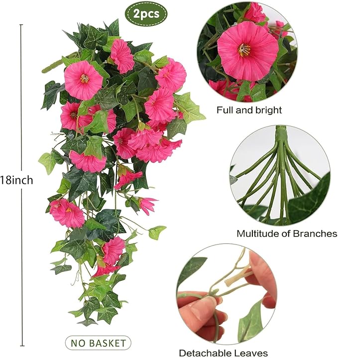 RECUTMS Artificial Fake Hanging Flowers Plants for Outdoor Decoration, 2 Pcs UV Resistant Faux Petunias Trailing Plants Realistic Flower Look Real for Door Wall Yard Porch Garden Planter (Rose Red)