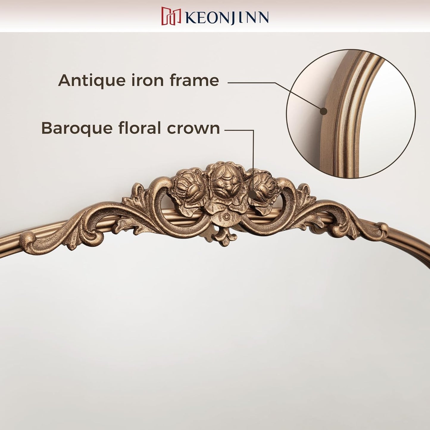 Keonjinn Brass Vintage Arched Mirror for Wall, 24" x 30" Antique Gold Mirrors with Metal Frame, Baroque Style Decoration for Mantle, Bathroom, Living Room, Fireplace, Bedroom, French Cleat Mounting