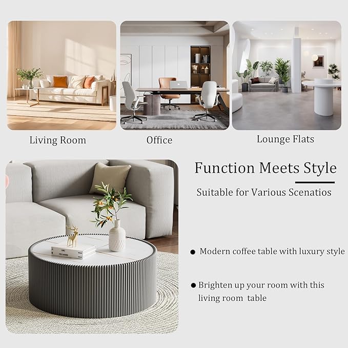29.52" Grey Round Coffee Table, Drum Coffee Table with Sintered Stone Tabletop and Fluted PU Leather Covered and Stable Base, Circle Cocktail Tea Table for Living Room