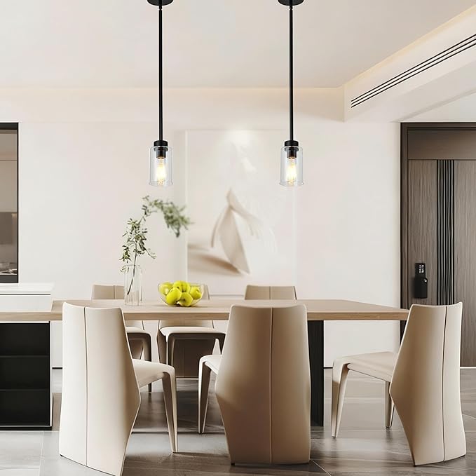 2 Pack Modern Black Farmhouse Clear Glass Cylinder,Black Pendant Lights Kitchen Island for Kitchen Light Fixtures