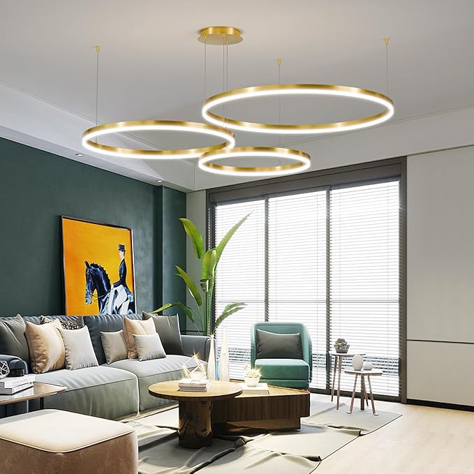 Gold LED Modern Chandelier, 3-Ring Pendant Light Fixture, Dimmable 3000K-6500K, Adjustable Hanging Ceiling Light Over Table for Dining Room, Kitchen Island, Living Room, Bedroom, Entryway