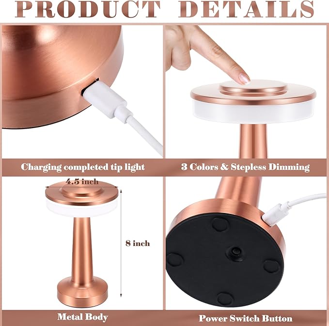 Riakrum 2 Pcs LED Portable Cordless Table Lamp with Touch Sensor 3 Color Stepless Dimming Rechargeable Battery up to 15 Hours Cordless Table Light Wireless Lamp for Nursery (Rose Gold)