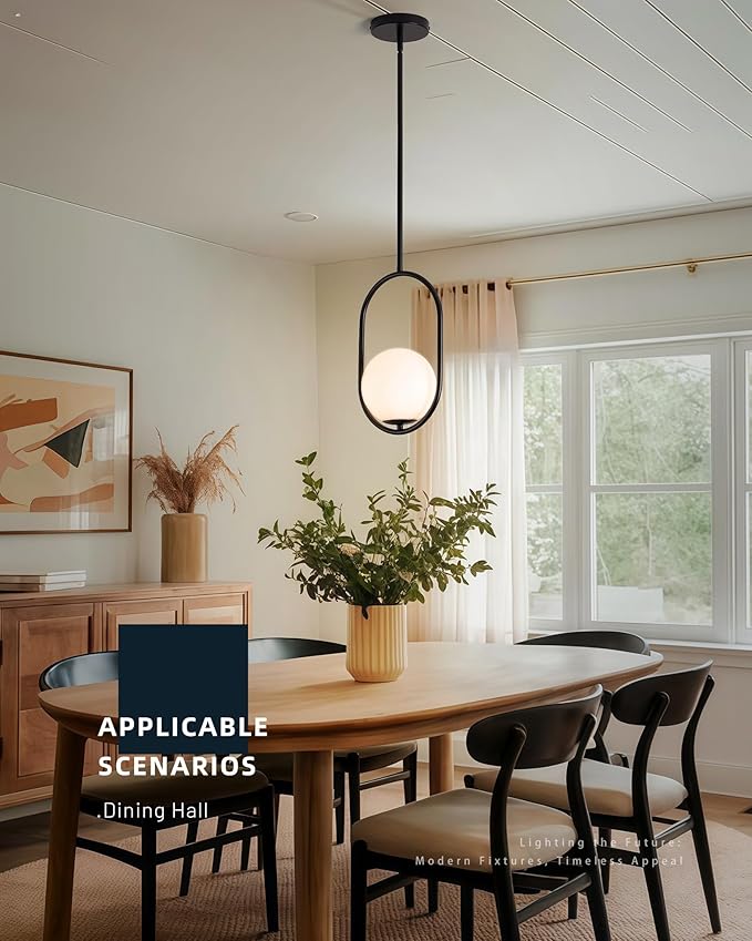 Black Pendant Lights - 1-Light Pendant Lights Kitchen Island with Milky White Globe Glass - Mid Century Pendant Light Fixtures - Black Hanging Lights for Kitchen H9376-MGBK