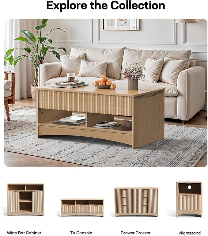 Marsail Lift Top Coffee Table with Open & Hidden Storage, Modern Fluted Coffee Table with Smooth Lift Mechanism, Sturdy Space-Saving Center Table for Home Living Room, Office, Natural Oak