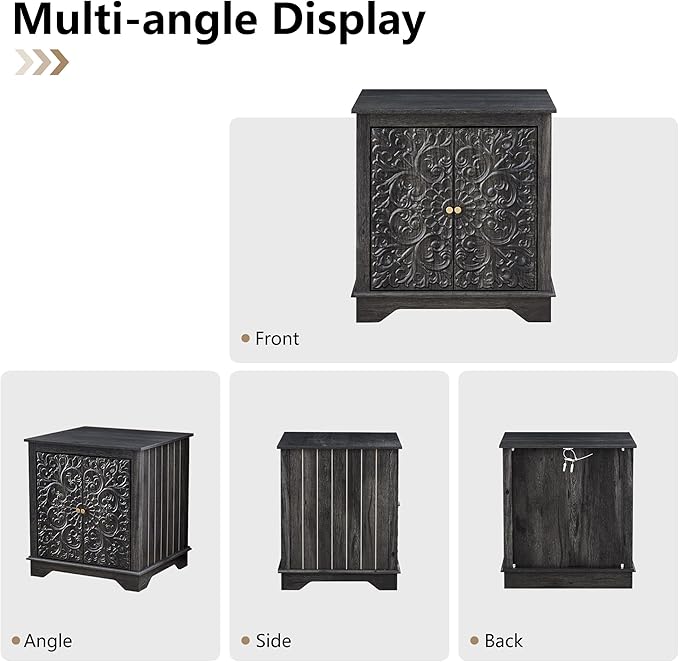 End Table Set of 2, 24" Farmhouse Nightstand with Carved Floral Door & Adjustable Shelf, Square Wooden Sofa Side Table with Storage for Living Room Bedroom (Antique Black-Brown)