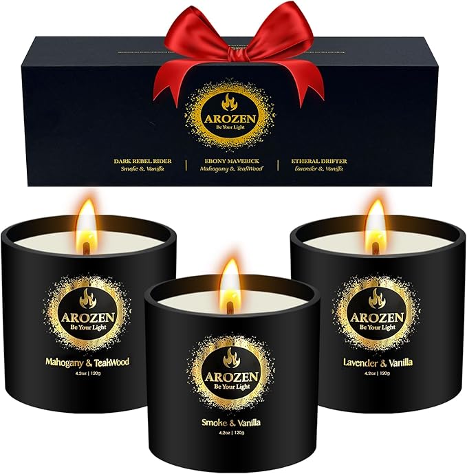 Christmas Candles, 3 Pack Scented Candle for Men, Soy Holiday Gifts Set, Aromatherapy Black Candles for Home Scented, Gifts for Men, Scent of Lavender, Mahogany Teakwood & Smoke Vanilla, 70H