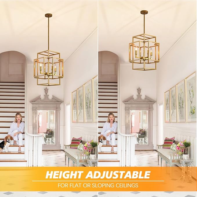 WJShome 4 Light Gold Chandelier, Industrial Ceiling Lantern Pendant Light Adjustable Height Farmhouse Foyer Lighting Fixtures, for Dining Room Kitchen Island, Entryway, Indoor