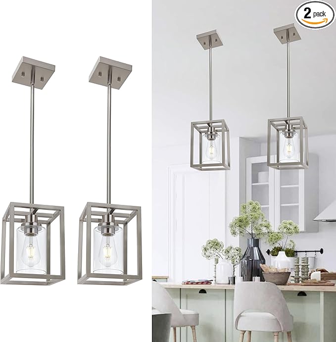 MELUCEE 2 Pack Modern Pendant Light Fixtures for Kitchen Island Brushed Nickel Dining Table Light Bathroom Ceiling Light, 1-Light Small Chandeliers with Clear Glass Shade