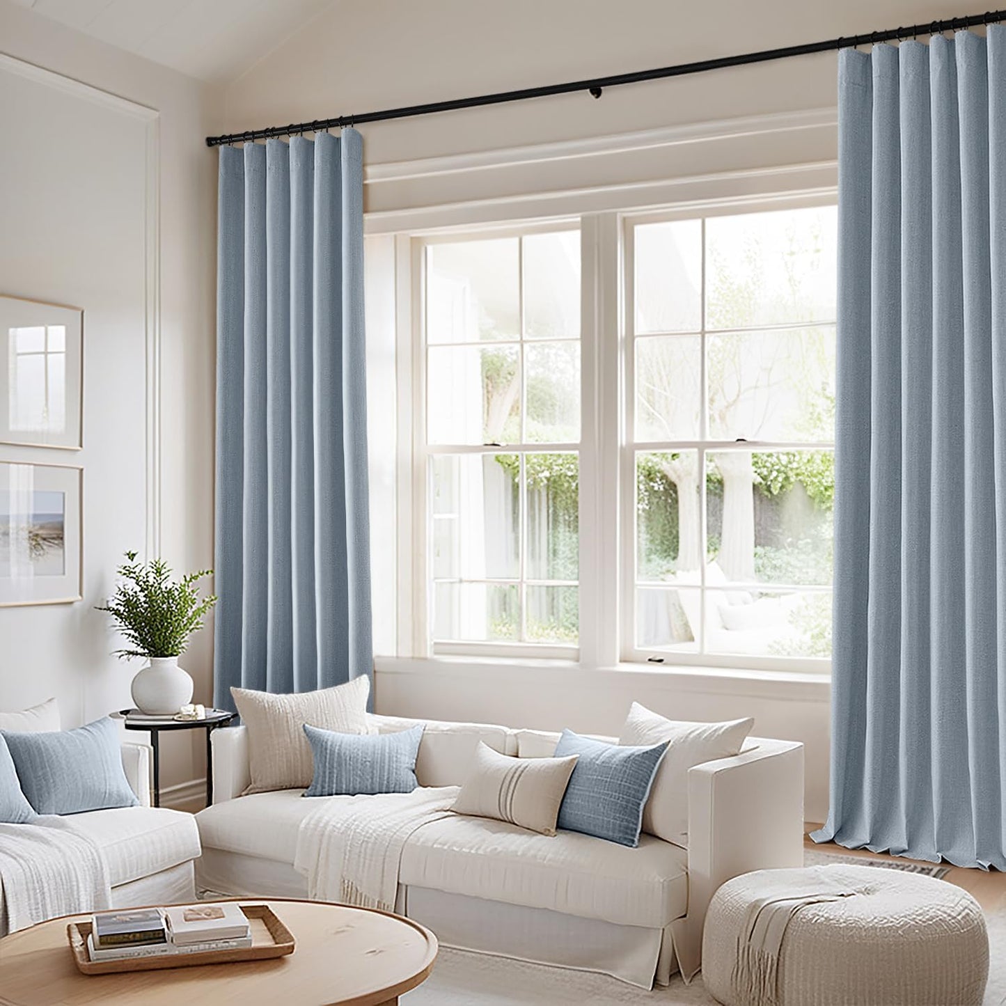 MIULEE 100% Blackout Curtains 102 Inch Long 2 Panels Set for Bedroom, Thick Faux Linen Black Out Curtain Room Darkening Back Tab Pleat Window Textured Drapes with Hooks for Living Room, Chambray Blue