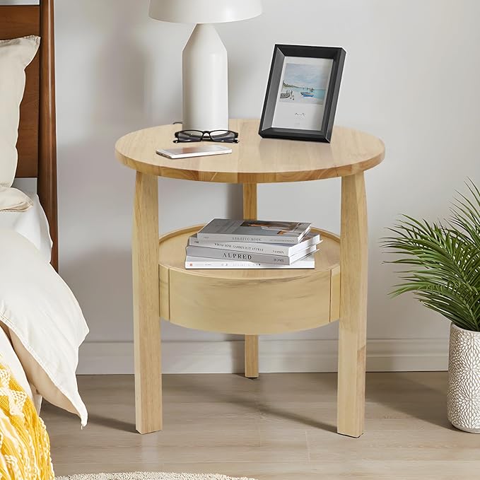 Round Coffee Table with Storage and Hidden Drawer - 20" D x 20" H Natural Wood Side Table with Sliding Drawer, Mid Century Modern Coffee Table, Small Coffee Table for Living Room, Natural Wood Color