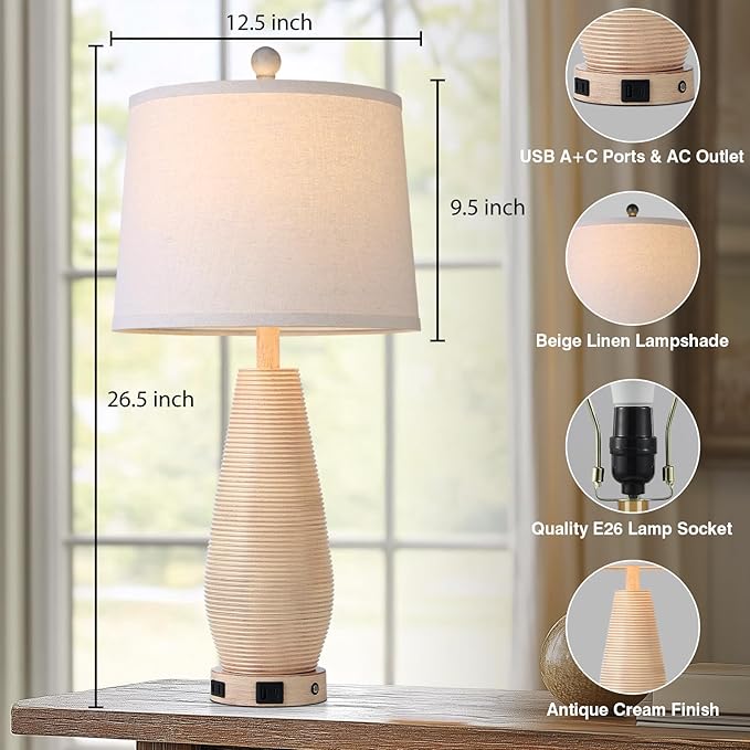 Farmhouse Table Lamps Set of 2 with USB C+A Ports and AC Outlet, 3 Way Touch Rustic Bedside Lamps for Living Room, 26.5" Cream Vintage Lamps for Bedroom Nightstand