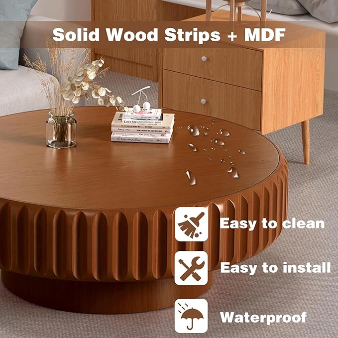 Round Drum Coffee Table White Fluted Coffee Table Circle Center Table Pedestal End Table for Apartment (Brown 39.4)