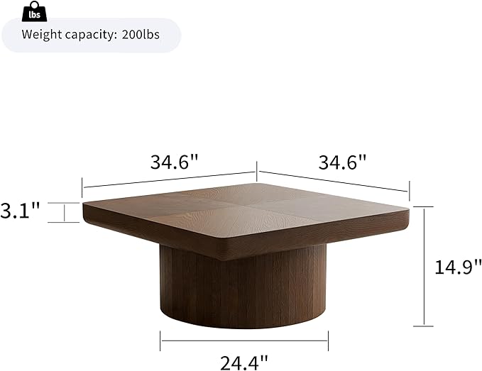 Square Coffee Table with Round Wood Pedestal Coffee Tables for Living Room, Modern Rustic Center Table Easy Assembly Walnut-ø34.6"&ø34.6 ø14.9