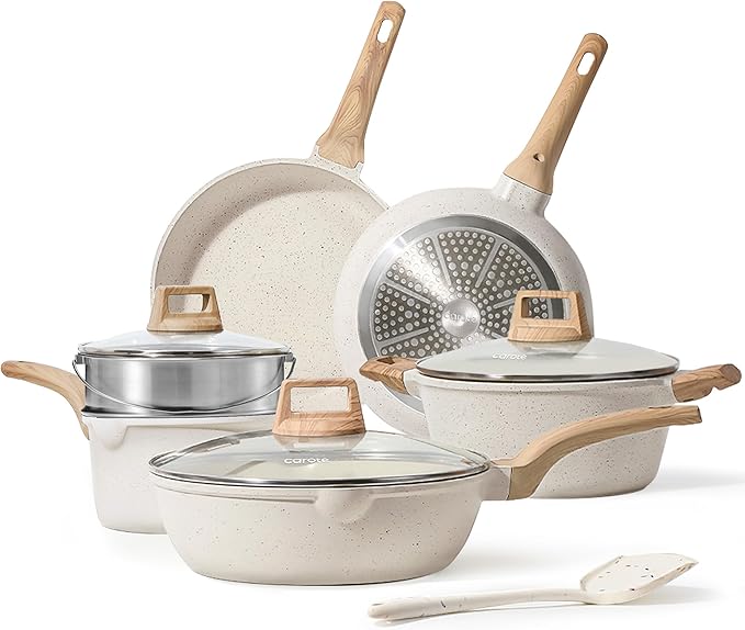 CAROTE Pots and Pans Set Nonstick, White Granite Induction Kitchen Cookware Set, 10 Pcs Non Stick Cooking Set w/Frying Pans & Saucepans(PFOS, PFOA Free)