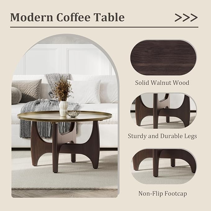 ACEDÉCOR Round Coffee Table, 30" Coffee Tables with Brushed Gold Tray Top and Solid Walnut Wood Base, Center Table for Living Room, Apartments and Small Spaces，Easy-Clean