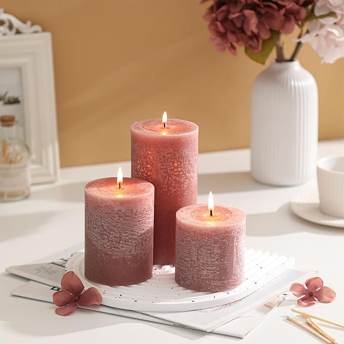 3x4 Inch Reddish Brown Pillar Candles Set of 3 - Unscented Candles, Long Clean Burning, Large Big Candles, Smokeless Dripless Pillar Candles for Dinner Table, Wedding, Home, Bathroom, Rustic Decor