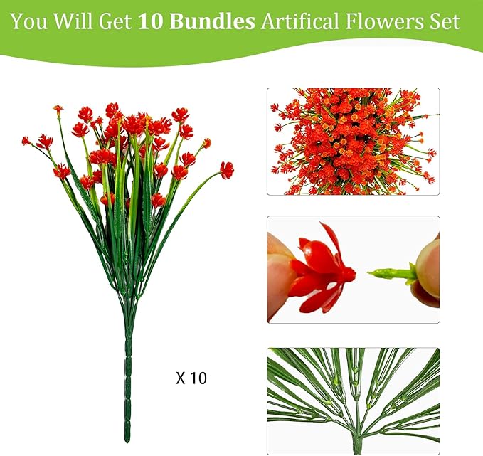 Artificial Plants & Flowers 10 Bundles Orange Faux Outdoor Artificial Plants UV Resistant Plastic Flowers for Decoration Artificial Hanging Flowers for Outdoors