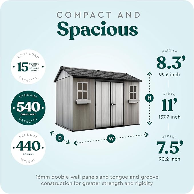 Outdoor Tool Shed 11 x 8.3 Foot Durable Resin Storage Lockable Door, and Ventilation, with Window Planter Boxes, for Garden, Home, Pool，Backyard, Grey