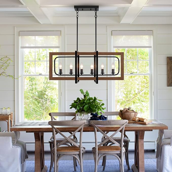 Farmhouse Dining Room Light Fixtures Over Table, 6-Light Rustic Wood Chandeliers Rectangle Kitchen Island Lighting Hanging Pendant Lights Kitchen Chandelier Adjustable Height