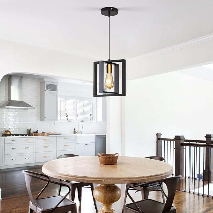 Black Industrial Farmhouse Pendant Light, Vintage Metal Rustic Hanging Light, Adjustable Height Kitchen Island Pendant Lights Fixture, Mini Ceiling Lamp for Entryway, Dining Room, Foyer