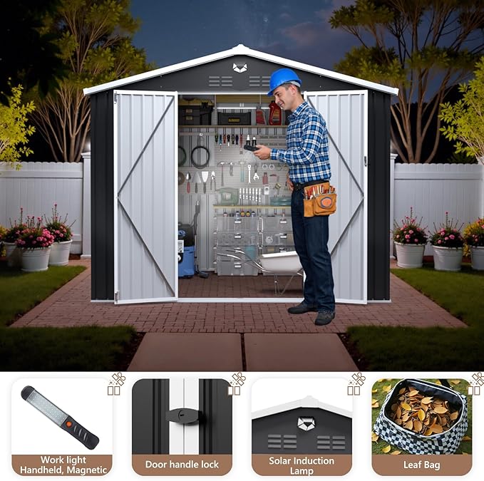 10x8 FT Outdoor Storage Shed, Metal Sheds & Outdoor Storage, Waterproof Sheds with Lockable Doors for Backyard (Black, No Window)