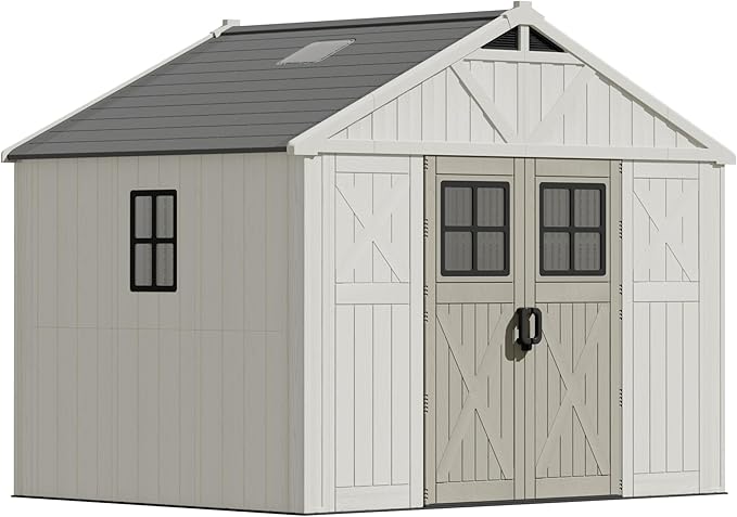 Devoko 10x8 FT Resin Outdoor Storage Shed with Floor, Plastic Tool Garden Shed with Windows & Lockable Door, Outside Large Storage Shed for Patio Backyard Lawn, Beige