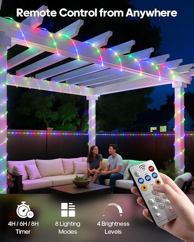 Rechargeable Rope Lights, Outdoor Waterproof String Lights with 1200mah Portable Rechargeable Battery, Timing & 8 Modes for Party Christmas Camping DIY Tree Trampoline (Multi-Colored, 39FT)