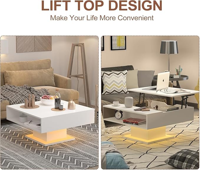 Square Lift Top Coffee Table with Storage, White Led Coffee Table for Living Room with Large Hidden Storage, 30.7" Wood Table Led Center Table for Dining Reception Room