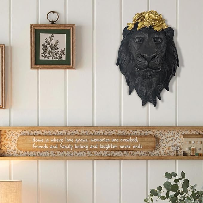 GUSFREUD Black Lion Animal Head Wall Decor – Resin Lion Wall Sculpture, Vintage Black Wall Art for Living Room, Bedroom, Office, Maximalist Home Decor
