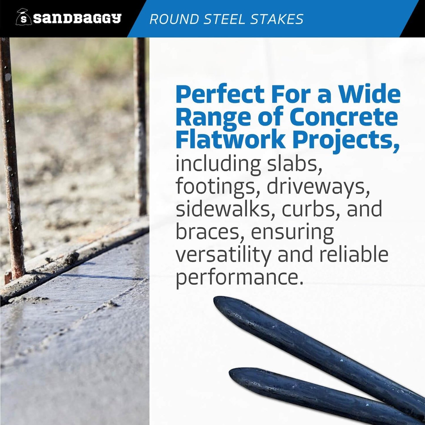 Sandbaggy Round Steel Concrete Form Stakes with Nail Holes - Rust Resistant Coating - Removable, Reusable (100, 3/4 in X 18 in)