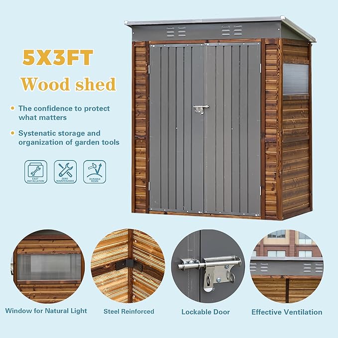 3x5FT Wood Outdoor Storage Shed with Lockable Double Doors & Ventilation Windows for Garden, Lawn, Patio