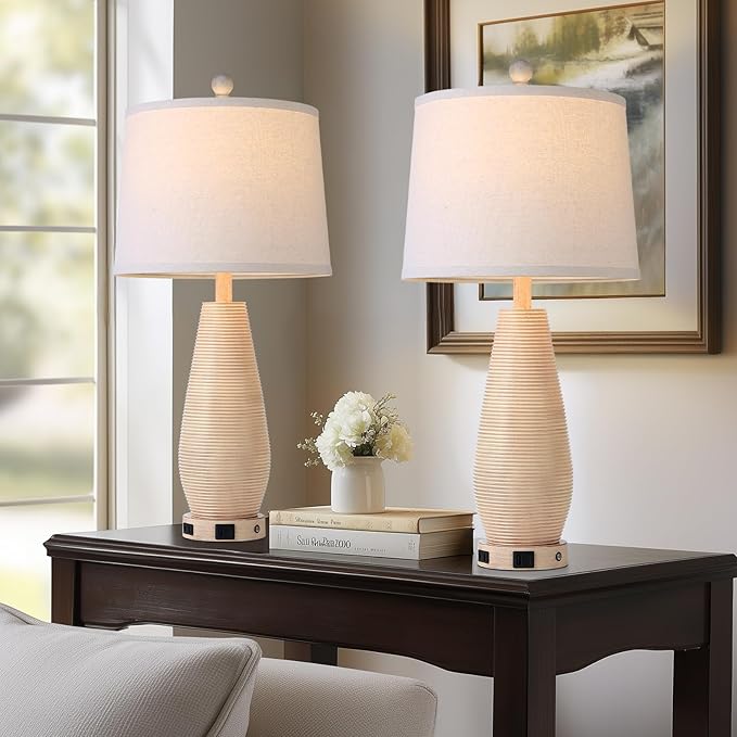 Farmhouse Table Lamps Set of 2 with USB C+A Ports and AC Outlet, 3 Way Touch Rustic Bedside Lamps for Living Room, 26.5" Cream Vintage Lamps for Bedroom Nightstand