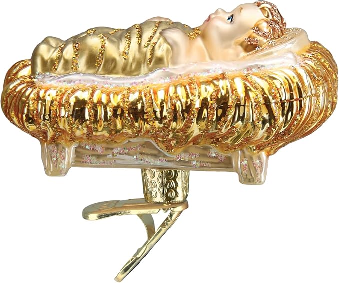 Old World Christmas Baby Jesus in Manger Glass Blown Ornament for Christmas Tree, Handcrafted Holiday Decoration, Religion Collection