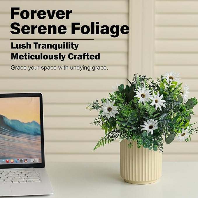 Artificial Flower and Fake Plants in Ceramic Pot,Artificial Plants Indoor, Fake Flowers in Vase for Table Centerpiece Decorations, Faux Plants Flowers Arrangement for Home Office Decoration