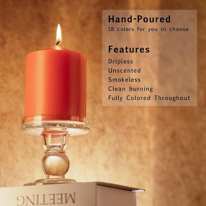 MOZEAL 3" x 4" Hand-Poured Unscented Orange Pillar Candles,Dripless Candles Set of 3,Smokeless,Clean Burning,Approx 60 Hours Burn Time,Thanksgiving,Halloween,Fall and Home Decor（3 Inch Width Series）
