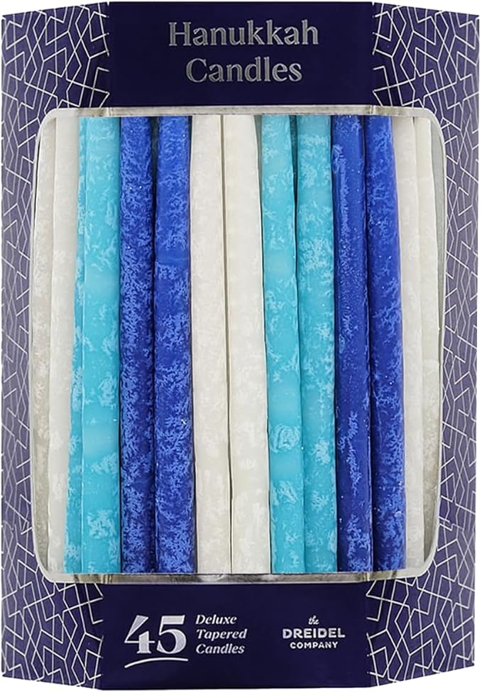The Dreidel Company Dripless Chanukah Hanukkah Candles Decorative Dark Blue, White with Frosted Stripes, 45 Candles (2-Pack)