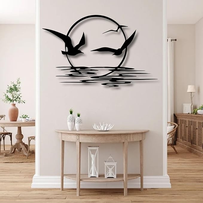 Sunrise and Birds Metal Wall Art,Seagulls Metal Wall Decor,Home Decor, Housewarming Gift (41"x25" Silver)