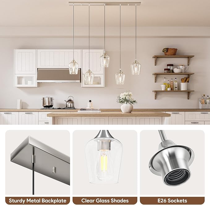 VONLUCE Pendant Lights Kitchen Island, Brushed Nickel Pendant Light Fixtures with E26 Base & Adjustable Cable, Modern Pendant Lighting with Glass Shade for Living Room Bedroom Hallway, 5 Packs