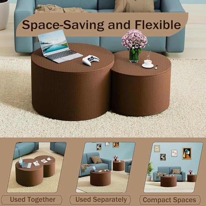 Nesting Coffee Table Set of 2 Modern Round Coffee Table with Hidden Storage Round Side Table Drum Accent End Tables for Living Room, Bedroom (Brown)